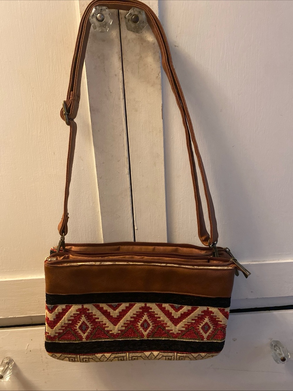 Canyon Sky Brown Faux Leather Crossbody with Red Aztec Tapestry Accent